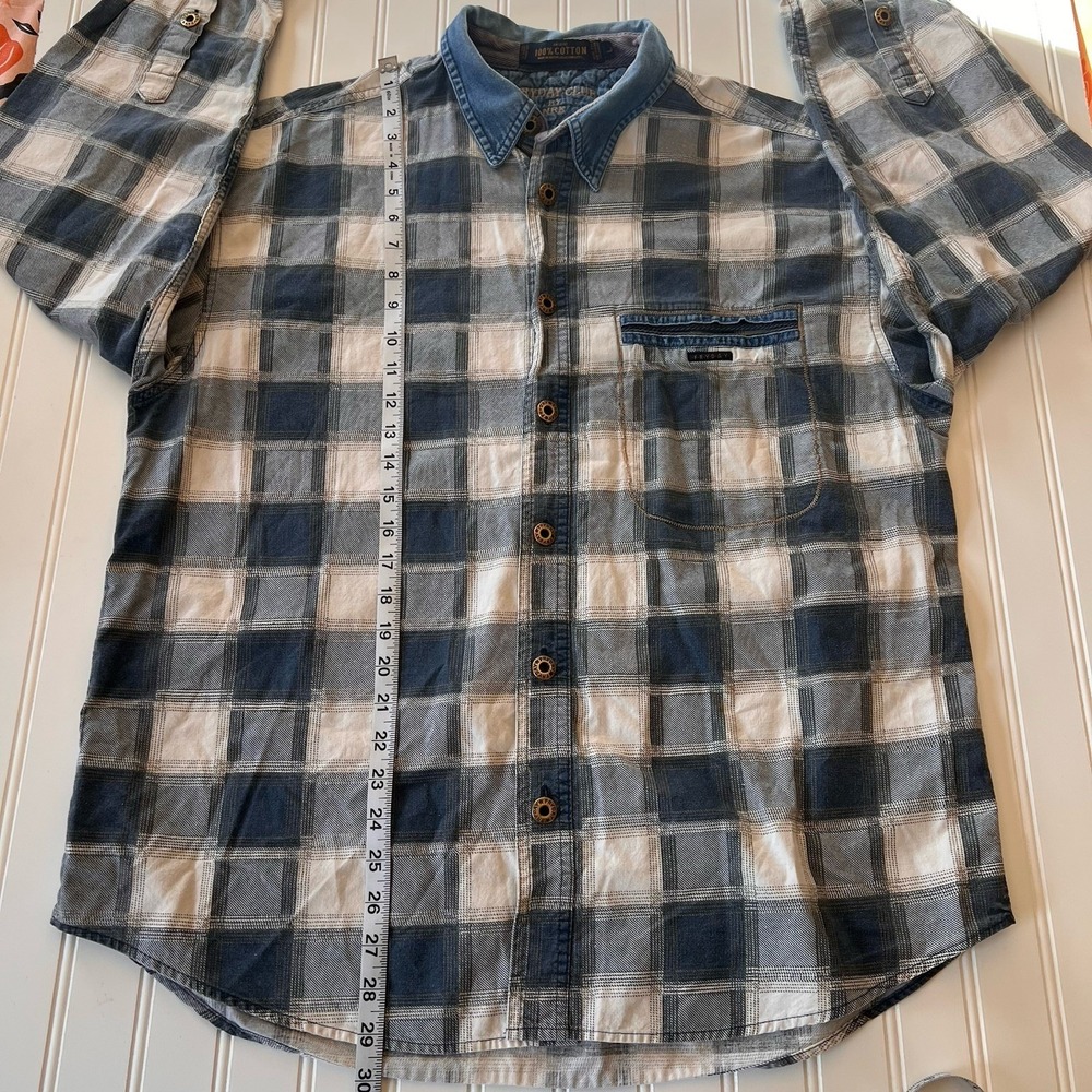 Vintage Fryday Club Men's Shirt Size Large Blue White Plaid Denim Collar Cotton - Picture 7 of 7